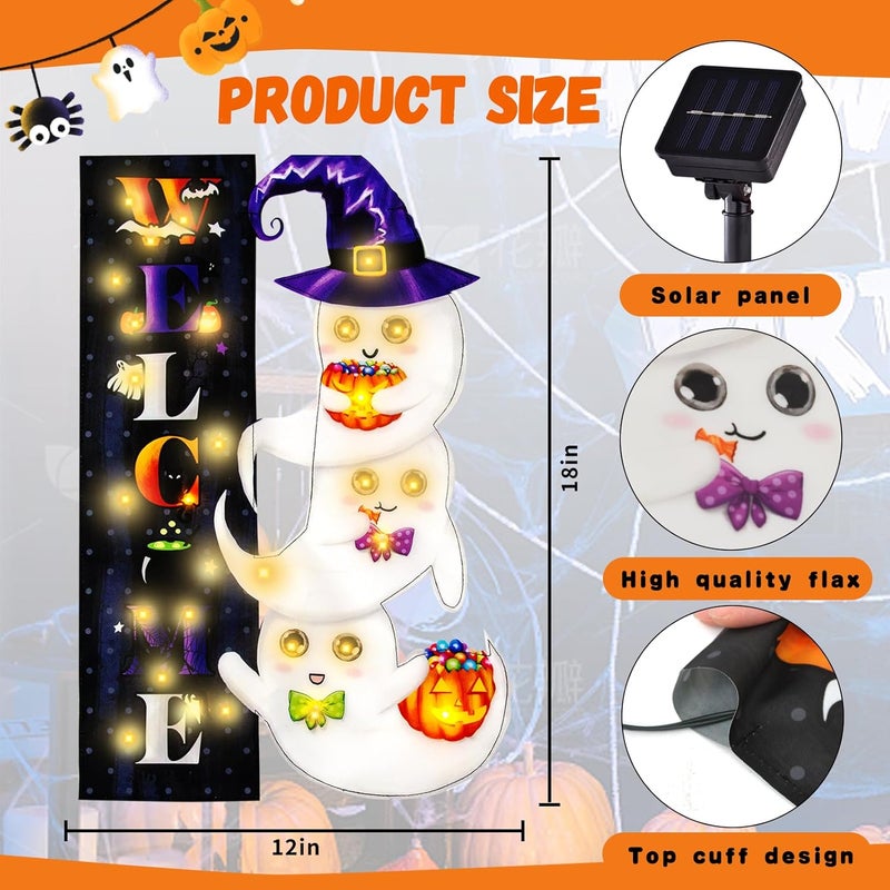 FLAGMESAGE Halloween Lighted Garden Flag, Solar Yard Flag for Outside, 8 Modes Double Sided Welcome Halloween Ghost Outdoor Decorations for Home Porch (Ghost-12x18) - Image 3